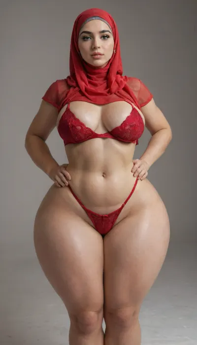 arab, hdr, ultra hd, pale skin, beautiful face, looking at viewer, blonde, big lips, swollen lips, red hijab, voluptuous, pawg, medium breast, bottom heavy, huge massive gigantic ass, giant hips, hyper ass, extremely hyper hips, hyper wide hips, huge hips, hyper thighs, huge thighs, thick thighs, massive hyper thighs, massive hyper hips, massive thighs, wide hips, thighs bigger than waist, pear shaped, red underwear, hard light, waist shot