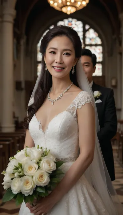 4K, fond, outside, smile, gorgeous church, plunging, luxury gorgeous sheath wedding dress, iris Bouquet, ultra-detailed, (dark brown hair), (long hair), (straight hair), ((Ultimate realistic photo)), ((detailed face)), korean 60yo old bride, (Korean gorgeous grand mother and korean young boy), mother and son, tuxedo, necklace, wedding photo shoot style --v 6 --style raw