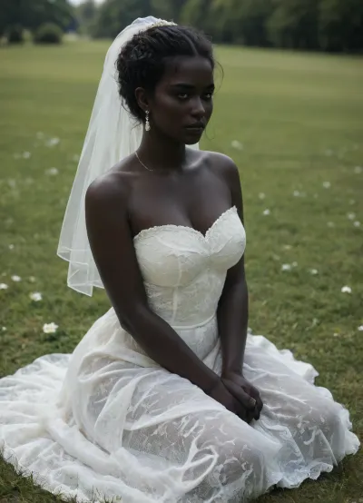 my wife, beautiful woman, 25yo, curvy body, big round boobs, short acro hairy, (ultra black skin:1.9), .break., my wife wearing a wedding dress, sitting on the grass
