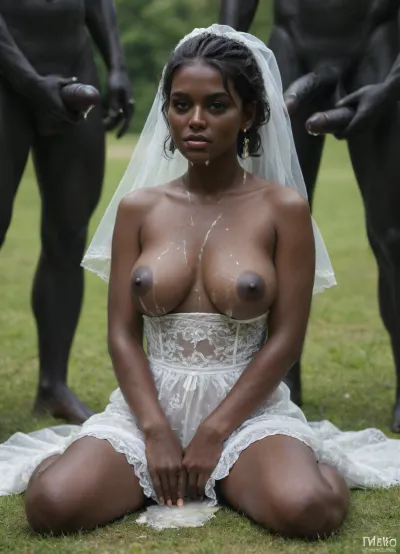 my wife, beautiful woman, 25yo, curvy body, big round boobs, short acro hairy, (ultra black skin:1.9), .break., my wife wearing a wedding dress, boobs out of dress, naked nipples, sitting on the grass, looking the viewer, White cum, cum on her boobs, cum dripping from mouth, a lot of cum, eccessive cum, bukkake, gangbang, (a lot of White skin men), (((White men only))), two White men cum on her