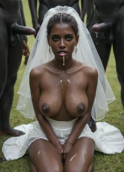 my wife, beautiful woman, 25yo, curvy body, big round boobs, short acro hairy, (ultra black skin:1.9), .break., my wife wearing a wedding dress, boobs out of dress, naked nipples, sitting on the grass, looking the viewer, White cum, cum on her boobs, cum dripping from mouth, a lot of cum, eccessive cum, bukkake, gangbang, a lot of White men, White men only, two White men cum on her
