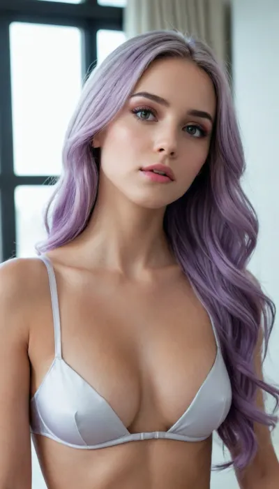 Hair, Long, silver hair with prominent purple streaks gives the character a futuristic yet ethereal look. The hair is smooth, flowing freely down, and feels almost like silk. The purple streaks are not accidental — they seem like a carefully chosen design element that emphasizes her magical or supernatural nature.
• Flower in Hair, A white flower placed on the left side of her head acts as a subtle contrast to the otherwise bright and neon style. It could symbolize purity, a natural connection, or just an aesthetic addition that balances out an otherwise digitally-inspired look.
• Face, Subtly sculpted, with smooth skin without any visible flaws. Features are symmetrical, with a slightly pointed chin and high cheekbones. The facial expression is neutral to slightly dreamy, which can suggest a calm or mysterious nature.
• Eyes, Large, expressive eyes with a slight sheen that almost seems to reflect light or magic. The color is not entirely clear, but it appears to be a mix of purple and blue — which fits in with the overall color scheme of the character. The eyes are a key element that draws attention and gives the character depth.
• Body, Slim, well-proportioned, with finely defined muscles that suggest lightness and mobility rather than strength. She appears to move gracefully, almost dance-like.
• Posture, Upright, confident, but not aggressive. Her stance exudes calm strength and elegance. Her shoulders are relaxed, her head tilted slightly — which may suggest curiosity or thoughtfulness

• Chest Size, The character has a distinctly sculpted chest that is proportionally larger than her slender frame. This feature acts as a stylized element, typical of fantasy or anime aesthetics, where physical proportions are often deliberately accentuated for visual effect. The shape is smooth, symmetrical, with a gentle transition into the torso line, which emphasizes the grace and femininity of the figure.
• Stylization, This is not a realistic representation, but rather an idealized form — as if designed with an emphasis on visual harmony and attractiveness. In the context of the entire look, the chest appears as part of the overall composition, not as a dominant element.

A view of her in a half-sitting position with her legs spread 18 years old