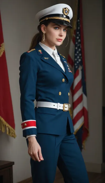 Extremely beautiful female U.S. Marine Gunnery Sergeant, tall and elegant with an athletic build, flawless skin, sharp focused blue eyes, confident but composed expression. Wearing authentic U.S. Marine Corps dress blue uniform, dark blue coat with red trim and brass buttons, white belt, blue trousers with red stripe, rank insignia on sleeves, medals neatly arranged, white peaked cap. Standing with dignified military posture in a ceremonial setting or formal hall, American flag in background. Ultra-realistic, highly detailed, professional military portrait photography style, cinematic lighting, heroic and honorable atmosphere.