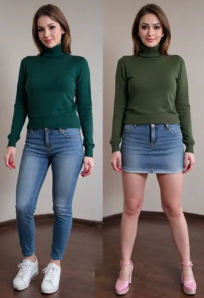 Before and after, a shy conservative Christian girl, (she is relatively confident on first image:1.1), fully clothed, wearing a green turtle neck pullover, (long jeans pants and dark green turtleneck pullover and white sneakers on first image:1.4), BREAK, the same girl turned into a complete slut, (she is extremely ashamed on second image:1.3), (standing insecurely), (slutty outfit, she is wearing an extremely short pink pleated micro skirt and white t-shirt and extremely elevated pink platform high heels on second image:1.3), (platform high heels on second image:1.4), (extremely short pink pleated micro skirt on second image only:1.2), <lora:OnoffXL_ExtraCrispy:.4>