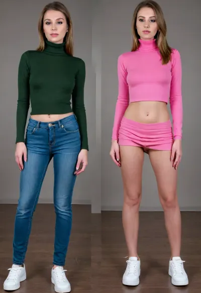 Before and after, a shy conservative Christian girl, (she is relatively confident on first image:1.1), fully clothed, wearing a green turtle neck pullover, (long jeans pants and dark green turtleneck pullover and white sneakers on first image:1.4), BREAK, the same girl turned into a complete slut, (she is extremely ashamed on second image:1.3), (standing insecurely), (slutty outfit, she is wearing an extremely short pink pleated micro skirt and white t-shirt and extremely elevated pink platform high heels on second image:1.3), (platform high heels on second image:1.4), (extremely short pink pleated micro skirt on second image only:1.2), <lora:OnoffXL_ExtraCrispy:.4>