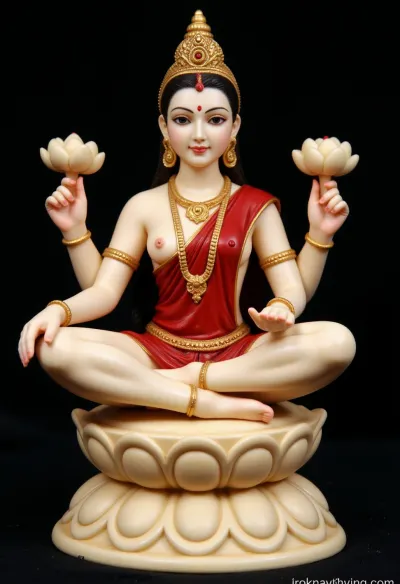 Indian goddess Lakshmi, ivory statuette, sitting on a lotus flower, meditating, with white skin, in a red sari, with gold jewelry, (with four arms:1.7), (each upper five-fingered hand holds a lotus flower, and the lower hands are folded in a prayer gesture 1.6), close-up, entire figurine in frame, realistic lighting, clear image of bone figurine, on dark background, Detailed, hand, Hand, Perfect, Fixhand