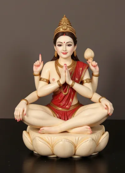 Indian goddess Lakshmi, ivory statuette, sitting on a lotus flower, meditating, with white skin, in a red sari, with gold jewelry, (with four arms:1.7), (upper arms holding a lotus flower, lower arms folded in a prayer gesture 1.6), realistic lighting, clear image of the bone statuette.