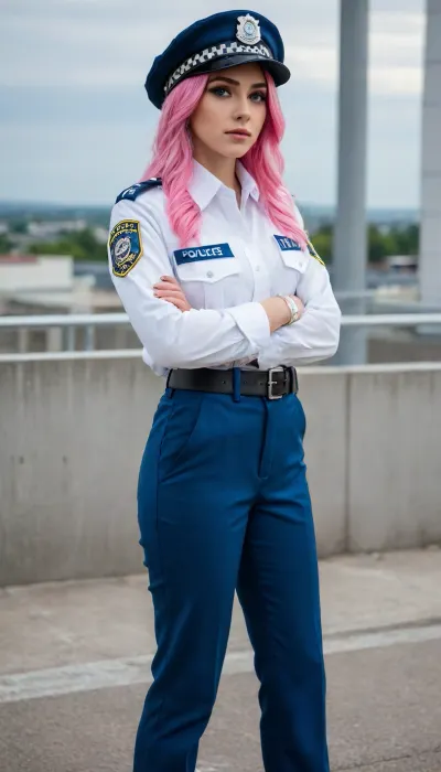 masterpiece, best quality, highres, absurdres, very awa, 1girl, solo, long hair, multicolored hair, black hair, white hair, pink hair, blue hair, ear piercing, lip piercing, policewoman, police uniform, collared shirt, white shirt, police hat, peaked cap, outdoors, sky, night, shadow, scenery, reflection, reflective floor, building, against wall, from side, crossed arms, pink eyes, pants, blue pants, belt, belt pouch, white gloves, jacket, blue jacket, from above, full body, looking at viewer