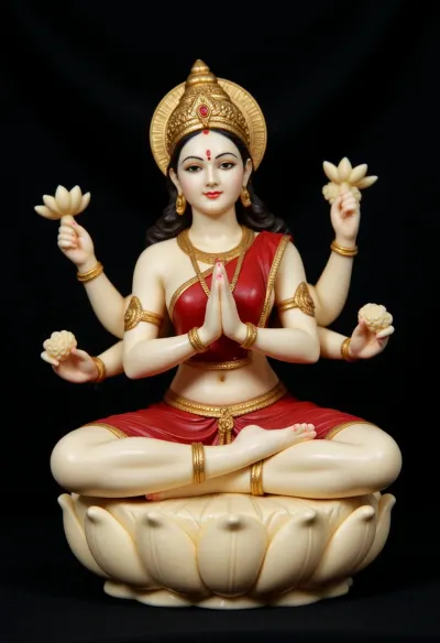 Indian goddess Lakshmi, ivory statuette, sitting on a lotus flower, meditating, with white skin, in a red sari, with gold jewelry, (with four arms:1.7), (each upper five-fingered hand holds a lotus flower, and the lower hands are folded in a prayer gesture 1.6), close-up, entire figurine in frame, realistic lighting, clear image of bone figurine, on dark background, Detailed, hand, Hand, Perfect, Fixhand