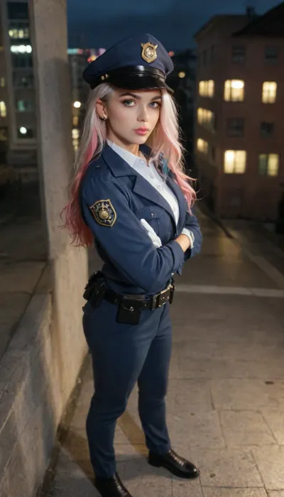 masterpiece, best quality, highres, absurdres, very awa, 1girl, solo, long hair, multicolored hair, black hair, white hair, pink hair, blue hair, ear piercing, lip piercing, policewoman, police uniform, collared shirt, white shirt, police hat, peaked cap, outdoors, sky, night, shadow, scenery, reflection, reflective floor, building, against wall, from side, crossed arms, pink eyes, pants, blue pants, belt, belt pouch, white gloves, jacket, blue jacket, from above, full body, looking at viewer