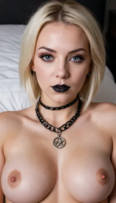 28 years old, Slovak, woman, rocker, slightly chubby body figure, short legs, big thighs, big hips, flat wide butt, slightly flabby belly, small saggy breasts, elliptical reddish nipples, light skin, untrimmed bushy blond pubic hair, pointed square chin, plump cheeks, medium-sized mouth, full lips, medium-sized nose, bushy dark brown eyebrows, piercing medium-sized grey eyes, prominent long black eyelashes, short blond hair, blond bob haircut, blond hair shaved shorter on left side of head, black eyeline, black lipstick, multiple leather bracelets, multiple rings, multiple earrings, black satanic pentagram hanging from neck, black leather strap around neck, lie down on bed