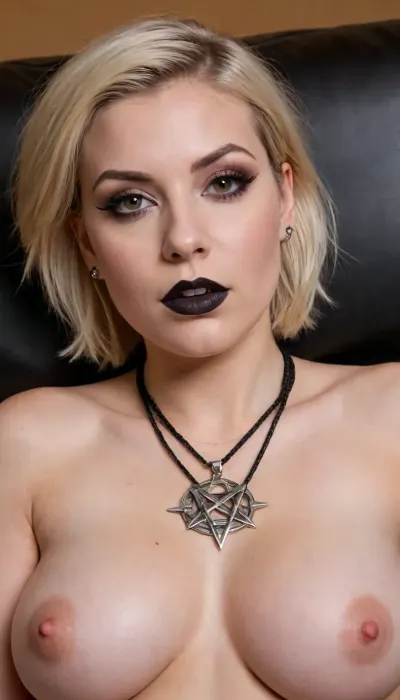 28 years old, Slovak, woman, rocker, slightly chubby body figure, short legs, big thighs, big hips, flat wide butt, slightly flabby belly, small saggy breasts, elliptical reddish nipples, light skin, untrimmed bushy blond pubic hair, pointed square chin, plump cheeks, medium-sized mouth, full lips, medium-sized nose, bushy dark brown eyebrows, piercing medium-sized grey eyes, prominent long black eyelashes, short blond hair, blond bob haircut, blond hair shaved shorter on left side of head, black eyeline, black lipstick, multiple leather bracelets, multiple rings, multiple earrings, black satanic pentagram hanging from neck, black leather strap around neck, lie down on bed