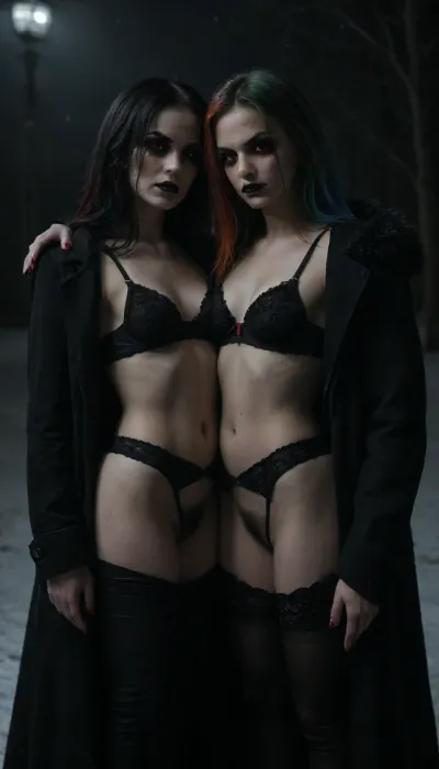 t33nager, vampire girl, Anarexic body type, rainbow hair, Thigh-length long hair, red eyes color, Proper eyes, A glance at the camera, Symmetrical eyes, Identical eyes, emo style makeup, Black lipstick, Coat, Sexy Lingerie, Sexy bra, Sexy strings pants, hairy pussy, hairy armpit, night TIME, snow winter., The right eye is covered with bangs, flat, chested, bukkake, cum, covers chest with hands, angry face, calm, <lora:dark:2>, <lora:flat_chested_v3.5:2>, <lora:MS_Real_XL_Bukkake:2>, <lora:angry:2>