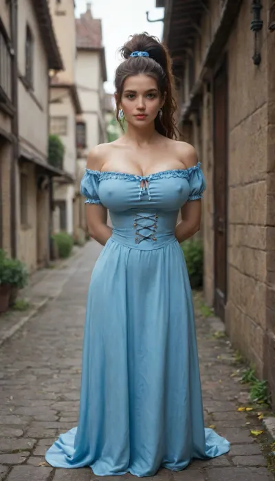 French, 25+, Voluptuous, Massive Breast, erect nipples, huge Bubble butt, Long length, Ponytail, Cleavage, Messy Hair, Thick Thighs, Waist Shot, Medieval, European Village, Soft Shadow, cosplay belle from beauty and the beast, big blue hairbow, restrained, arms behind back, extremely hyper ample cleavage, deep clevage, exaggerted wasp waist, humongous breasts, breasts squeezing shirt, breasts stretching dress to its limits, her breasts are obviously way too big for dress, her dress is squeezing her huge breasts extremely tight, dress barely covers nipples, dream woman, extremely face