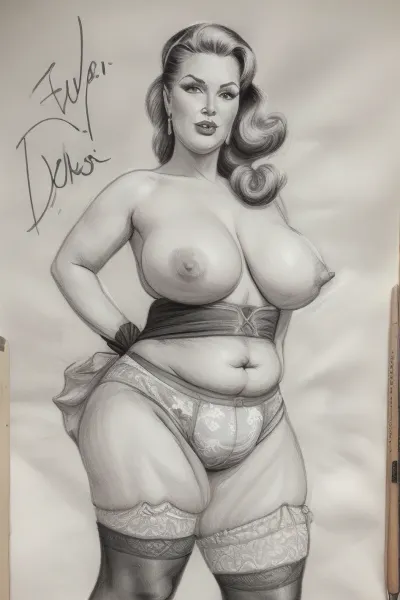 (((drawing sketch))), old art studio sketch drawing, detailed face, very old plump streetswhore, looking as viewer, bbw, grey-haired blonde, tails, plump bottomless woman 90 yo age, big butt, wide hips, saggy torpedo breasts, lace black stockings, stiletto hight heels, outdoor, walking, vintage gloves, (((crotchless_panties))), fat pussylips, standing, sagging, breasts, huge, backbreakingbreasts, white, background, full, body, (medium), elvgren, Ballantyne, chavez, driben, fried, frush, Moran, mozert, berardinis, pencil, drawing, monochrome, sketch, traditional, media, graphite, dandecarlo, vintagenudeslora, woman, monsterpussy, <lora:CameltoeV4:.4>, <lora:Monsterpussy:.6>