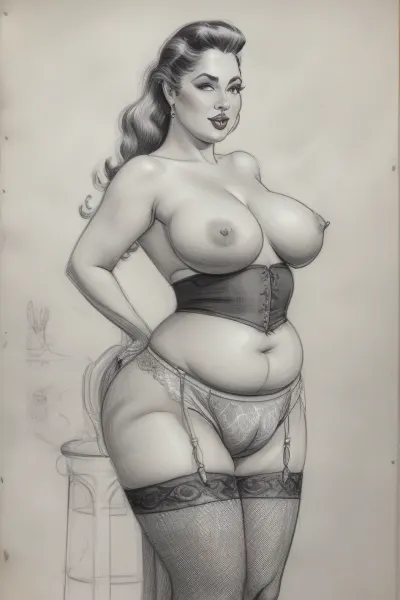 (((drawing sketch))), old art studio sketch drawing, detailed face, very old plump streetswhore, looking as viewer, bbw, grey-haired blonde, tails, plump bottomless woman 90 yo age, big butt, wide hips, saggy torpedo breasts, lace black stockings, stiletto hight heels, outdoor, walking, vintage gloves, (((crotchless_panties))), fat pussylips, standing, sagging, breasts, huge, backbreakingbreasts, white, background, full, body, (medium), elvgren, Ballantyne, chavez, driben, fried, frush, Moran, mozert, berardinis, pencil, drawing, monochrome, sketch, traditional, media, graphite, dandecarlo, vintagenudeslora, woman, monsterpussy, <lora:CameltoeV4:.4>, <lora:Monsterpussy:.6>