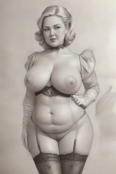 (((drawing sketch))), old art studio sketch drawing, detailed face, very old plump streetswhore, looking as viewer, bbw, grey-haired blonde, tails, plump bottomless woman 90 yo age, wide hips, saggy torpedo breasts, lace black stockings, hight heels, outdoor, walking, vintage gloves, (((naked_pussy))), fat pussylips, standing, sagging, breasts, huge, backbreakingbreasts, white, background, full, body, (medium), elvgren, Ballantyne, chavez, driben, fried, frush, Moran, mozert, berardinis, pencil, drawing, monochrome, sketch, traditional, media, graphite, dandecarlo, vintagenudeslora, <lora:CameltoeV4:.4>