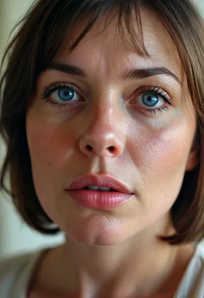 1girl, average height, french, bob cut brunette hair, 55 years old, thin, chubby, solo, blue eyes, perfect eyes, realistic, wrinkles, lick her lips by her tongue, <lora:MJ52:.8>