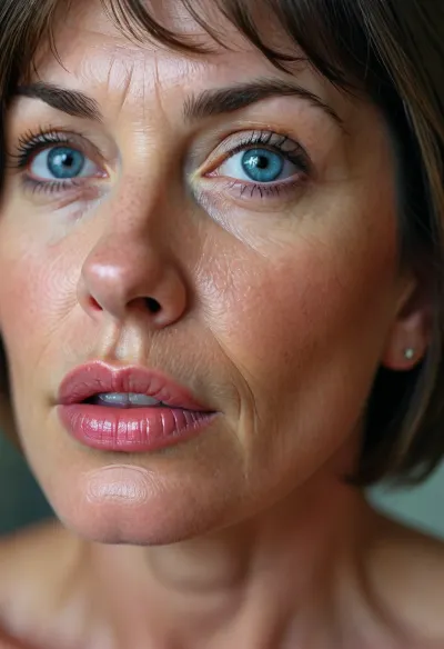 Milf, average height, french, bob cut brunette hair, 55 years old, thin, chubby, solo, blue eyes, perfect eyes, realistic, wrinkles, lick her lips by her tongue, <lora:MJ52:.8>