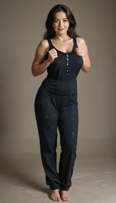 60 year old, (mature:1.4), curvy, petite, beautiful sexy saggy mature milf, long hair, dark hair with highlights, very curvy, thick, plump, wide hips, waist, sexy saggy milf, 1960s, strong eyebrows, realistic photo, smiling, beautiful, skin pores, eyelashes, textured skin, highly realistic skin, wide areolae and big puffy erect nipples, ambient occlusion, model shoot, masterpiece, (sleeveless black pajamas:1.3), (full body portrait), but, sagging, stretch, marks, <lora:MJ52:.3>, <lora:BUT_SDXL_SHS:.8>