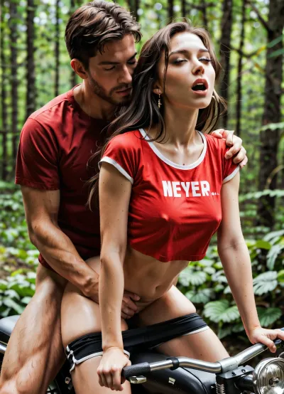 A beautiful 22 year old blue eyed brunette white pale woman with big boobs and athletic body with well-defined abs, well-built legs and pretty face, (long hair:1.5), dressed in red crop-top and black shorts pulled down to her tighs, has sex with white athletic and handsome guy who wears black t-shirt and black shorts pulled down to his tighs in the european forest, she sits on the motorbike and gets fucked from behind, (very deep penetration), (intense fuck), (woman's moaning), (submissive), (well-presented dick), (sex in the forest:1.5)