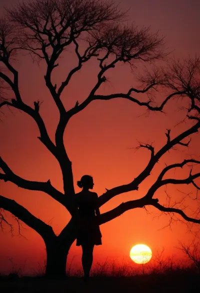 Sunset in the savannah, blood-red horizon, silhouette of a bare tree in the background, silhouette of a woman.