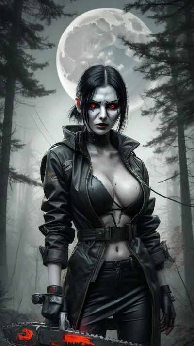 horror style, tall lady, jet-black hair, crew cut, eyes burning with hellfire, overdetalization, white mask covers the whole face, and only the slits of the eyes are visible, cyberpunk style, big tits, toned abs, slim waist, hairy pussy, dressed in a black unbuttoned raincoat, photorealism, holding a healthy chainsaw, blood running down the saw blade, edge of the forest, road, car, driver's door open, night, big moon shining