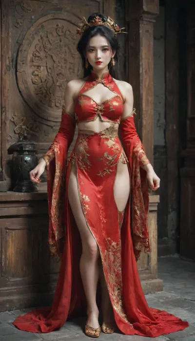 1woman, 35yr, (((ancient Chinese empress))), queen, aristocrat, (wu Zhao dynasty), Han dynasty, very slim, wide hips, large boobs, green eyes, long black hair, gold jewelry, long red nails, red lipstick, traditional clothing, in a elaborate and grand temple, gold earrings, embroidered red full length traditional Chinese dress, large elaborate headdress, demure pose, austere, gugong, high quality, high detail, hyper realistic, high definition, best quality, <lora:gugong:.8>, <lora:Lora-_Ai_Char_Yin_Xiang_Mah:.8>, Beautiful, Chinese, girl, <lora:pytorch_lora_weights:.8>, <lora:C_fashion-000015:.8>