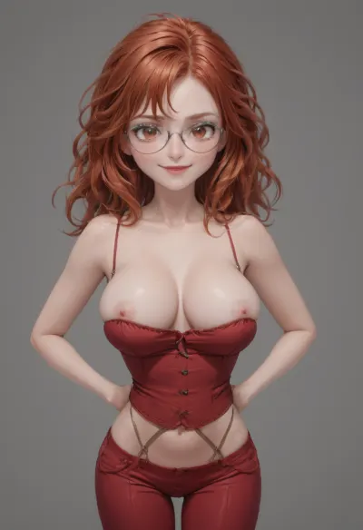 In a high-quality Disney 3D animated style, a voluptuous woman with long wavy copper hair and red lips stands confidently, her hands on hips. She wears maroon pants and a red spandex V-neck blouse, accentuating her big cleavage, and glasses with red rim. Slowly, she slides her hands up, pulling down the straps to reveal her full, bare breasts, squeezing them gently with a teasing smile. The scene unfolds against a soft blue sky with gentle wind rustling the fabric, creating a playful, sensual atmosphere. Captured in a smooth close-up shot with subtle zoom-in.