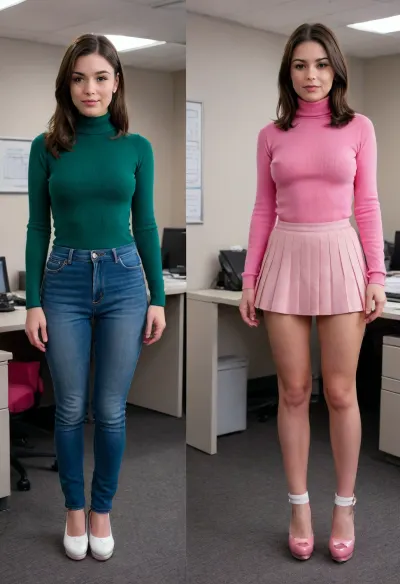 Before and after, a shy conservative Christian girl with dark brown hair wearing a dark green turtleneck pullover, (BEFORE she is wearing long jeans pants and white sneakers, office clothes), BREAK, (AFTER she is wearing a pink pleated micro skirt and pink platform high heels, slut outfit), <lora:OnoffXL_ExtraCrispy:.4>