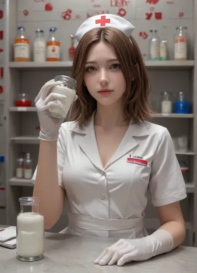 A 4K photo of a tall and sexy nurse with a perfect rounded chubby ass, narrow waist and sexy bloodstained cleavage. Full body photo from feet to head. She has a perfect hourglass figure and is wearing a tight shiny light blue latex uniform, a white bloodstained apron with a red cross on it, and very long bloodstained white latex gloves over the elbows. The nurse is standing in a hospital room with a gynelogical chair with heavy bloodstained paper sheets in the background. She has a stunning beautiful face, with a little black makeup, perfect smokey eye, and is laughing sadistically. The eyes are open, eyes pupils are visible. She is holding two dark red egg-shaped two inch sized bloodstained meatballs in her left hand. She squeezes the egg-shaped meatballs firmly. A medical jar, filled with a clear fluid and two bloody two inch sized egg-shaped meatballs, is visible in the foreground on a medical stainless-steel table, (filled medical jars:1.5), . Several medical jars in a storage rack are clearly seen in the background. The medical jars are labeled with different surnames like Smith, Parker or Winterbottom. These medical jars in the background are all filled with a fluid and two egg-shaped meatballs each, (detailed background:1.6), .