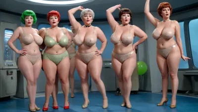 A crazy old photo of five different beautiful short chubby retro Star Trek grannies, make morning exercises stand poses, crazy green very short hair, hands in air and spreading tight legs, in a space ship command central, only in different dark beige colored transparent long nylon tight's, very lace torpedo bras from 1960, have a wrinkled face, very nice red feet nails, large camel too, in sheer very lace torpedo bras, big brown nipples looks through transparent bras, up on the blue floor little aliens, full body show in performance standing poses, photo-realistic picture, studio light, Flux, large balloons, <lora:milkers_v2:2>, <lora:220437_training_data:2>
