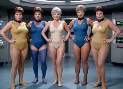 A crazy old photo of five different beautiful corpulent retro Star Trek grannies, standing in a space ship command central from Enterprise in colored transparent nylon suits, have a wrinkled face, all in brown nylons and beige nylons, very nice feet, large camel too, big bust extra large boobs, plus size long hanging breast under tank top, braless, big brown nipples looks through very short transparent tank top, up on the blue floor two little hairy colored aliens, full body show in performance poses, photo-realistic picture, action cinema, studio