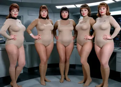 A crazy old photo of five different beautiful corpulent vintage Star Trek ladies, standing in a space ship command central from Enterprise in colored transparent nylon suits, have a wrinkled face, all in brown nylons and beige nylon knie socks, big bust extra large, plus size hanging breast, braless boobs, big nipples looks through very short transparent top, full body show in performance poses, photo-realistic picture, action cinema, studio