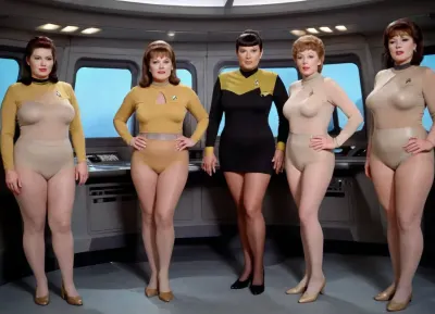A crazy old photo of five different beautiful corpulent vintage Star Trek ladies, standing in a space ship command central from Enterprise in different colored high transparent nylon suits, have a wrinkled face, all in brown pantyhose over suits and beige nylon knie socks, big bust extra large, enormous plus size hanging breast, braless saggy boobs, big round nipples looks through very short transparent top, full body show in performance poses, photo-realistic picture, action cinema, studio