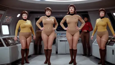 A crazy old photo of five different beautiful corpulent vintage Star Trek woman, standing in a space ship command central, in brown nylons, big bust, plus size breast, full body show, photo-realistic picture, action cinema