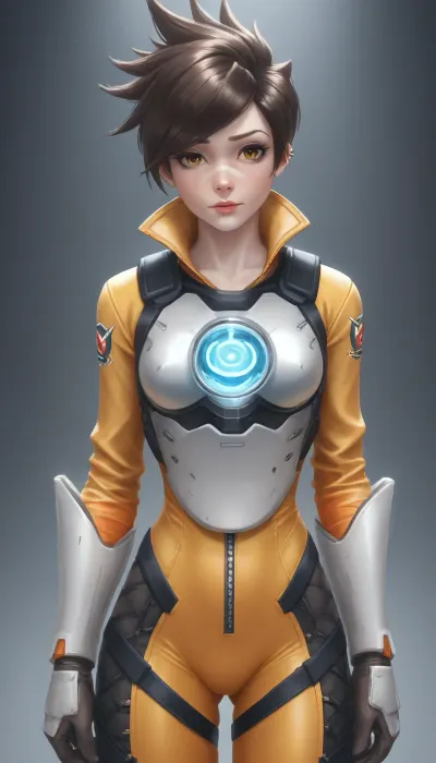 Tracer from Overwatch, solo, Overwatch suit dressed, 3/4 body view