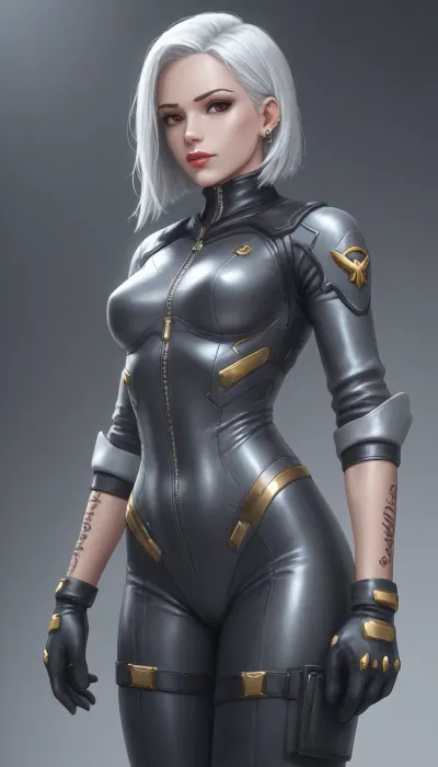Ashe from Overwatch, solo, Overwatch suit dressed, 3/4 body view