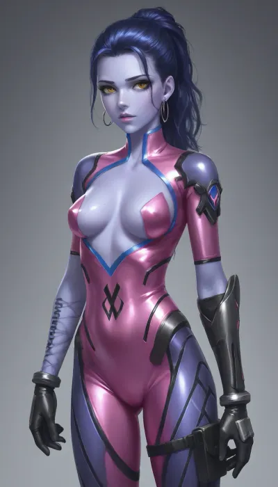 Widowmaker from Overwatch, solo, Overwatch suit dressed, 3/4 body view