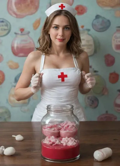 A 4K photo of a tall and sexy nurse with a perfect rounded chubby ass, narrow waist and sexy bloodstained cleavage. Full body photo from feet to head. She has a perfect hourglass figure and is wearing a tight shiny light blue latex uniform, a white bloodstained apron with a red cross on it, and very long bloodstained white latex gloves over the elbows. The nurse is standing in a hospital room with a gynelogical chair with heavy bloodstained paper sheets in the background. She has a stunning beautiful face, with a little black makeup, perfect smokey eye, and is laughing sadistically. The eyes are open, eyes pupils are visible. She is holding two dark red egg-shaped two inch sized bloodstained meatballs in her left hand. She squeezes the egg-shaped meatballs firmly. A jam jar, filled with a clear fluid and two bloody two inch sized egg-shaped meatballs, is visible in the foreground on a medical stainless-steel table, (filled jam jars:1.5), . Several jam jars in a storage rack are clearly seen in the background. The jam jars are labeled with different surnames like Smith, Parker or Winterbottom. These jam jars in the background are all filled with a fluid and two egg-shaped meatballs each, (detailed background:1.6), .