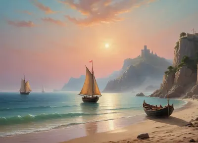 The painting is in the style of the Russian artist Ivan Konstantinovich Aivazovsky.In the central part of the canvas there is a sailboat standing on a raid near the walls of the Genoese fortress. The rays of the rising sun turn the sails of the ship pale pink. The turquoise expanse of the sea is calm, and the unfurled sails are reflected in it, as if in a mirror. In the foreground of the painting, on a sandy beach near the sea, the viewer sees a cart pulled by two oxen and a boat approaching the shore. Near the cart and boat, the author depicted local residents dressed in national costumes.
In the haze of morning fog, the outlines of sailboats standing in the bay are barely discernible. The rays of the sun rising over the mountains fill the sky, the peaks of the rocks and the sea near the horizon with a warm lemon yellow color.
In the misty haze on the tops of the coastal cliffs, you can see the ancient towers of the ancient Genoese fortress.
The painting is imbued with lyrical romanticism, which is especially felt on Aivazovsky's canvases, painted in the so-called oriental taste.