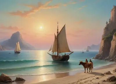 The painting is in the style of the Russian artist Ivan Konstantinovich Aivazovsky.In the central part of the canvas there is a sailboat standing on a raid near the walls of the Genoese fortress. The rays of the rising sun turn the sails of the ship pale pink. The turquoise expanse of the sea is calm, and the unfurled sails are reflected in it, as if in a mirror. In the foreground of the painting, on a sandy beach near the sea, the viewer sees a cart pulled by two oxen and a boat approaching the shore. Near the cart and boat, the author depicted local residents dressed in national costumes.
In the haze of morning fog, the outlines of sailboats standing in the bay are barely discernible. The rays of the sun rising over the mountains fill the sky, the peaks of the rocks and the sea near the horizon with a warm lemon yellow color.
In the misty haze on the tops of the coastal cliffs, you can see the ancient towers of the ancient Genoese fortress.
The painting is imbued with lyrical romanticism, which is especially felt on Aivazovsky's canvases, painted in the so-called oriental taste.