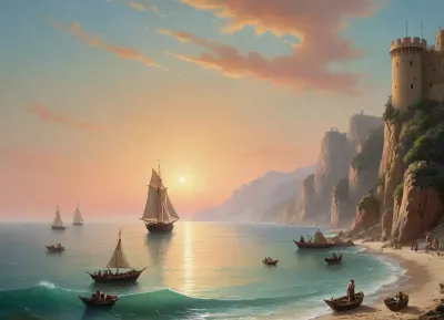 The painting is in the style of the Russian artist Ivan Konstantinovich Aivazovsky.In the central part of the canvas there is a sailboat standing on a raid near the walls of the Genoese fortress. The rays of the rising sun turn the sails of the ship pale pink. The turquoise expanse of the sea is calm, and the unfurled sails are reflected in it, as if in a mirror. In the foreground of the painting, on a sandy beach near the sea, the viewer sees a cart pulled by two oxen and a boat approaching the shore. Near the cart and boat, the author depicted local residents dressed in national costumes.
In the haze of morning fog, the outlines of sailboats standing in the bay are barely discernible. The rays of the sun rising over the mountains fill the sky, the peaks of the rocks and the sea near the horizon with a warm lemon yellow color.
In the misty haze on the tops of the coastal cliffs, you can see the ancient towers of the ancient Genoese fortress.
The painting is imbued with lyrical romanticism, which is especially felt on Aivazovsky's canvases, painted in the so-called oriental taste.