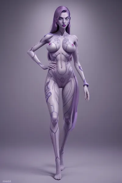 full body image with a solid pale purple background, ultra hd, high detail, ultra realistic, sci fi, noir, tall alien woman standing with her legs wide open, no bra, althetic body, tribal tattoos over her whole body, hand on hips, (((small chest))), visually accurate, Fixhand, badIrisNeg