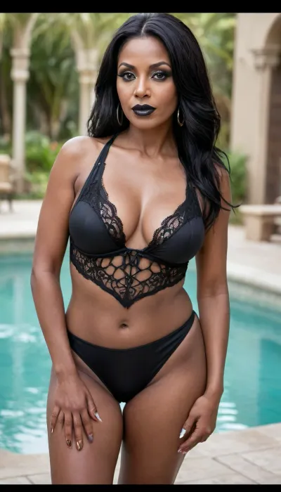 Athletic 60 year old Sudan ebony girl with dark straight long black hair without bangs, goth, punk rock style, she has extreme dark hazel eyes, wearing lots of black eye makeup with sharp black points at the corner of her eyes, dark lipstick, big tits, cleavage, black lace swimsuit, fat ass, wide hips