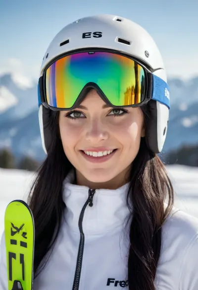 (close-up:1.1), a, (beautiful woman:1.2), with, (green eyes:1.1), and, (long black hair:1.5), in, (white ski helmet:1.4), (blue mirrored ski goggles:1.1), (white and blue ski suit:1.1), (long skis visible front her:1.6), (smiling:1.2), (outdoors, against the backdrop of the snow-covered Alps:1.2), under, (a bright sunny sky:1.1), (dynamic pose:1), (sharp focus:1.1), (photorealism:1.3), high detail, (natural lighting), volumetric lighting, dramatic lighting, professional photography, Canon EOS R5, f/2.8, 1/1000 s, ISO 100, cinematic, vivid colors, depth of field, masterpiece, best quality, (detailed skin texture:1.1), (detailed eyes:1.1), (clear reflection in glasses:1)