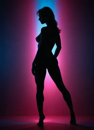 Black silhouette of slender woman on a bright background, perfect sexy legs, powerful contrapposto pose, muscular hips, big muscular ass, blue, dim pink flashlight, dim blue backlight