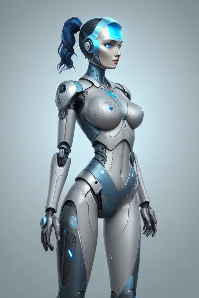 full body image with a solid pale blue background, ultra hd, high detail, ultra realistic, sci fi, noir, front view, 3/4 side profile on left side, 3/4 side profile on right side, rear view, cyborg sex robot standing with her legs wide open, no bra, no hair, althetic body, helmet and red visor, tribal tattoos over her whole body, hand on hips, (((small chest))), visually accurate, Fixhand, badIrisNeg