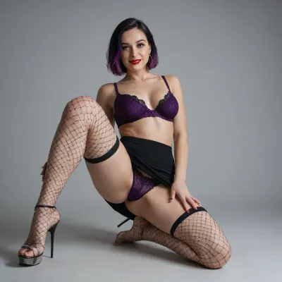 woman with black hair with purple highlights, mid-length bob cut, with a colorful blouse without a bra, short black skirt with fishnet stockings, with purple lace panties filled with cum, intense red lipstick, sinister smile, a lot of sperm flowing abundantly from her panties onto her thighs, one leg raised upwards
