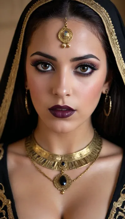 Athletic 20 year old Egyptian girl she has extreme dark hazel eyes, wearing lots of black eye makeup with sharp black points at the corner of her eyes, dark lipstick, big tits, cleavage, traditional Egyptian outfit